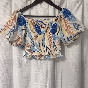 Flying Tomato Blue, White & Yellow Floral Smocked Off-Shoulder Crop Top